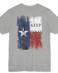 rear view of athletic heather colored fabric shirt with americantees.us logo on front and Texas flag with rifle and Keep Texas Free writing on back