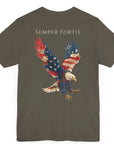 Semper Fortis Patriotic Shirt with Eagle Flag Design, American, army green color shirt, back view
