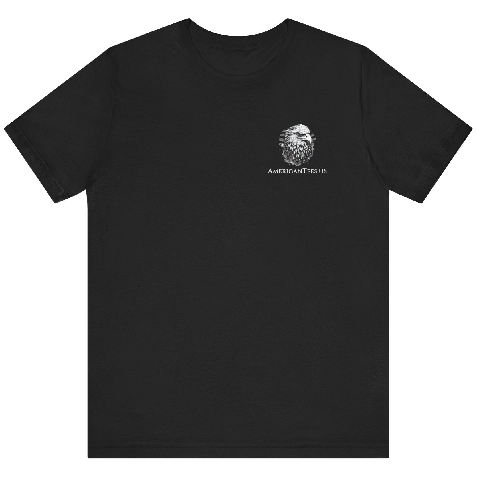 front view of a black colored fabric patriotic shirt with an americantees.us logo on front and the great seal of the united states on the back