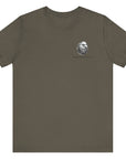 front view of army green colored fabric shirt with americantees.us logo on front and Texas flag with rifle and Keep Texas Free writing on back