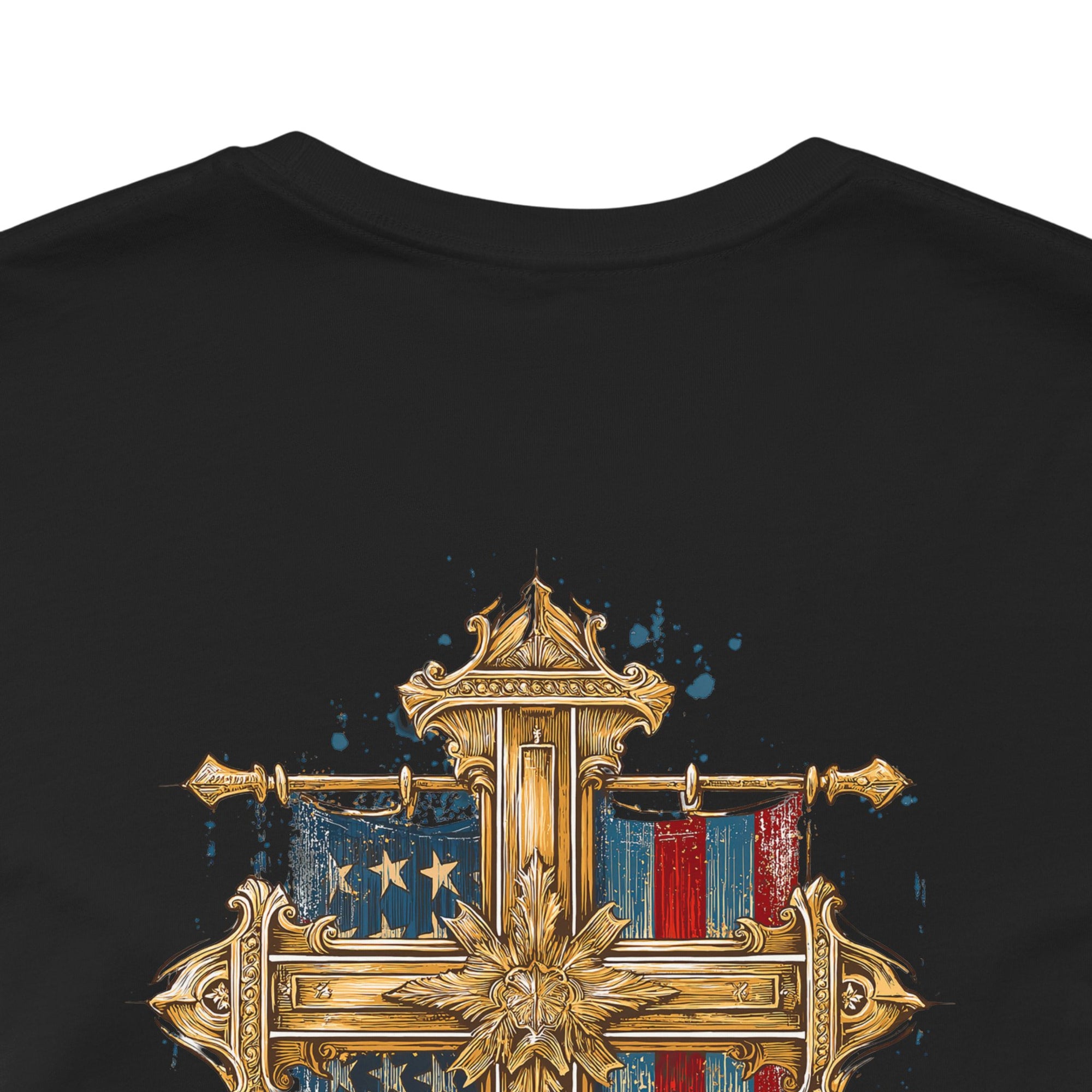 Cross of Faith Patriotic Shirt with Cross Flag Design, American Flag, white colored shirt, rear view closeup