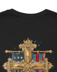 Cross of Faith Patriotic Shirt with Cross Flag Design, American Flag, white colored shirt, rear view closeup