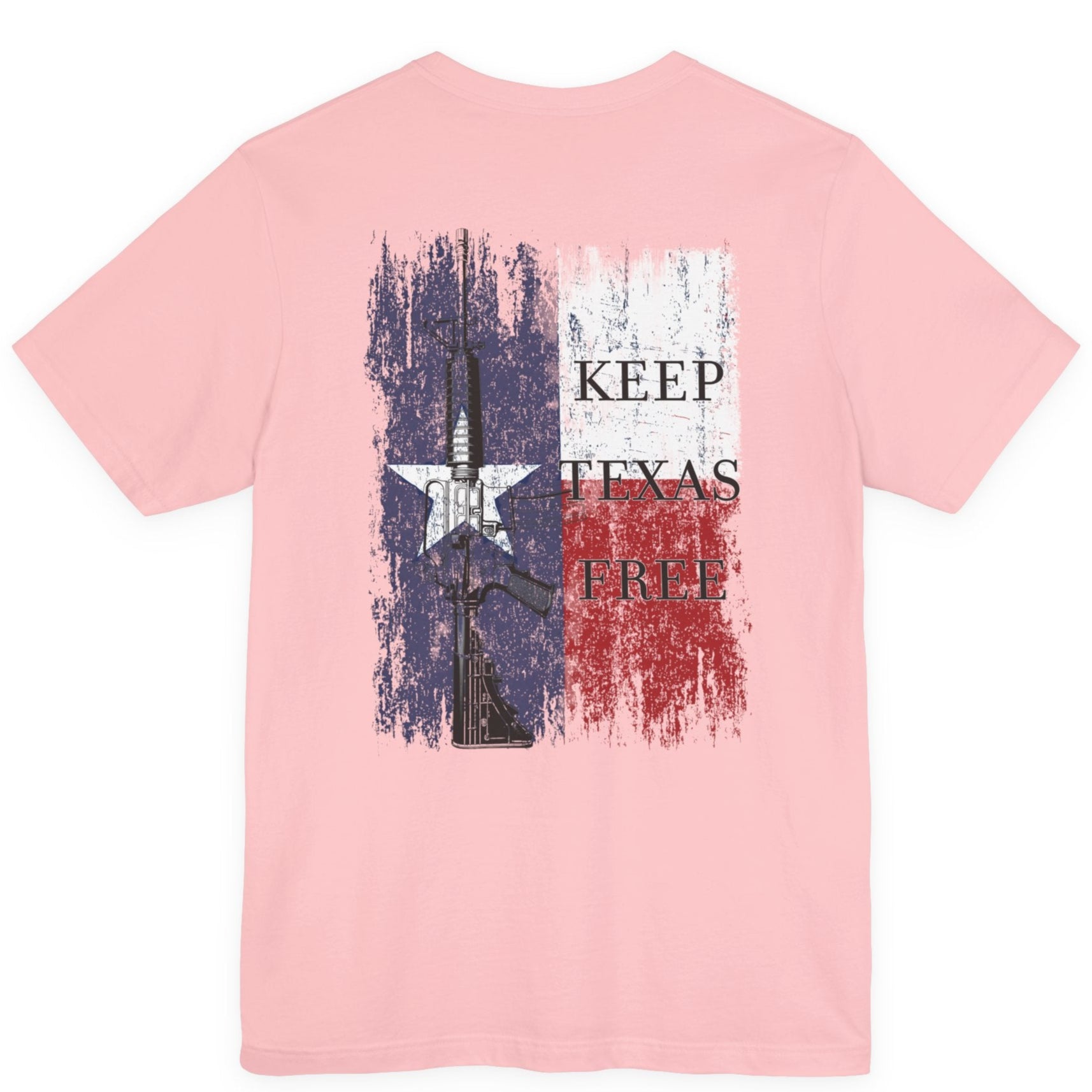 rear view of pink colored fabric shirt with americantees.us logo on front and Texas flag with rifle and Keep Texas Free writing on back