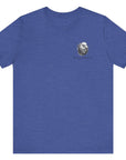 front view of a heather true royal blue colored fabric patriotic shirt with an americantees.us logo on front and the great seal of the united states on the back