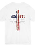 rear view of a white colored fabric patriotic shirt with americantees.us logo on front and American flag in shape of a Christian cross with pledge of allegiance surrounding image on back