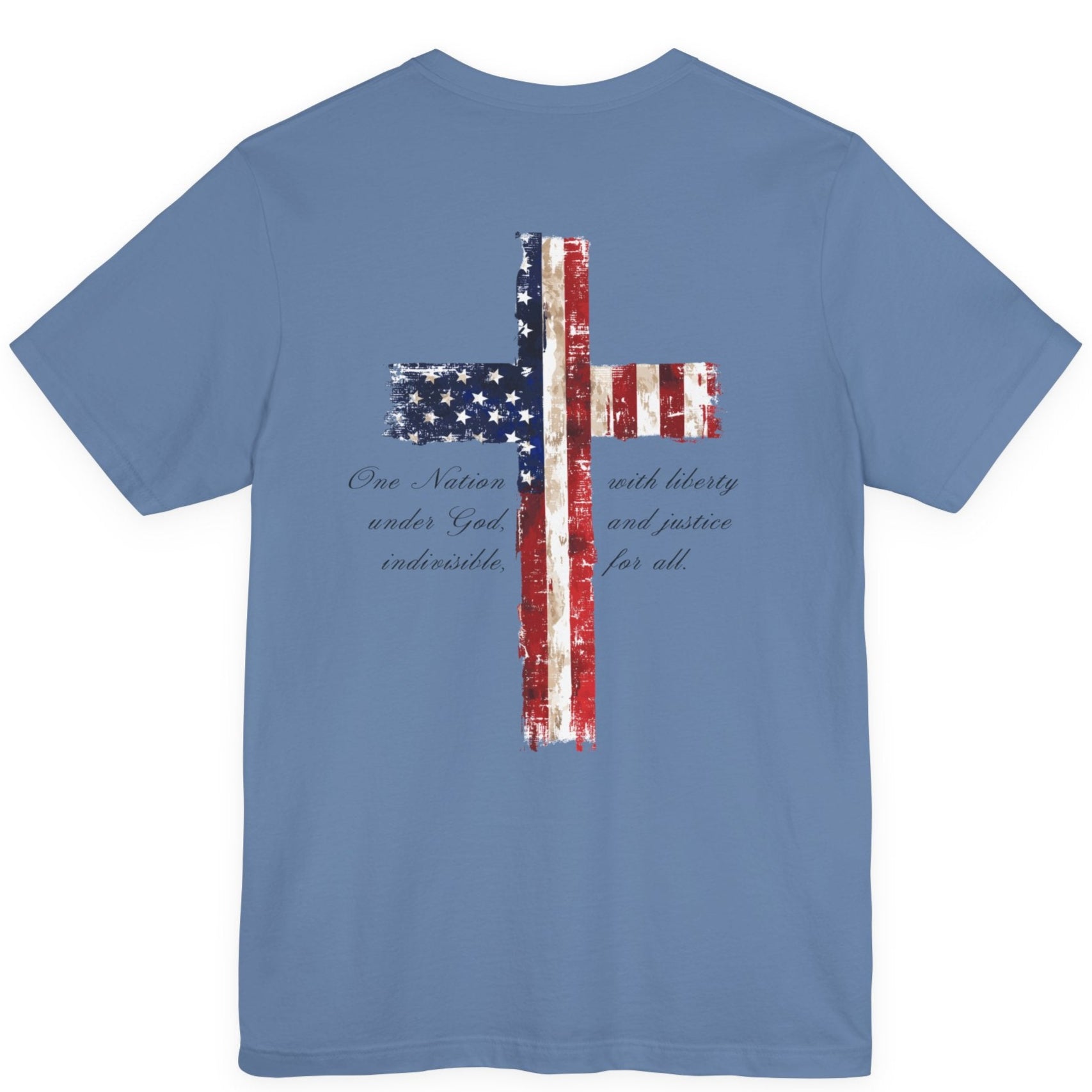 rear view of a lavender blue colored fabric patriotic shirt with americantees.us logo on front and American flag in shape of a Christian cross with pledge of allegiance surrounding image on back