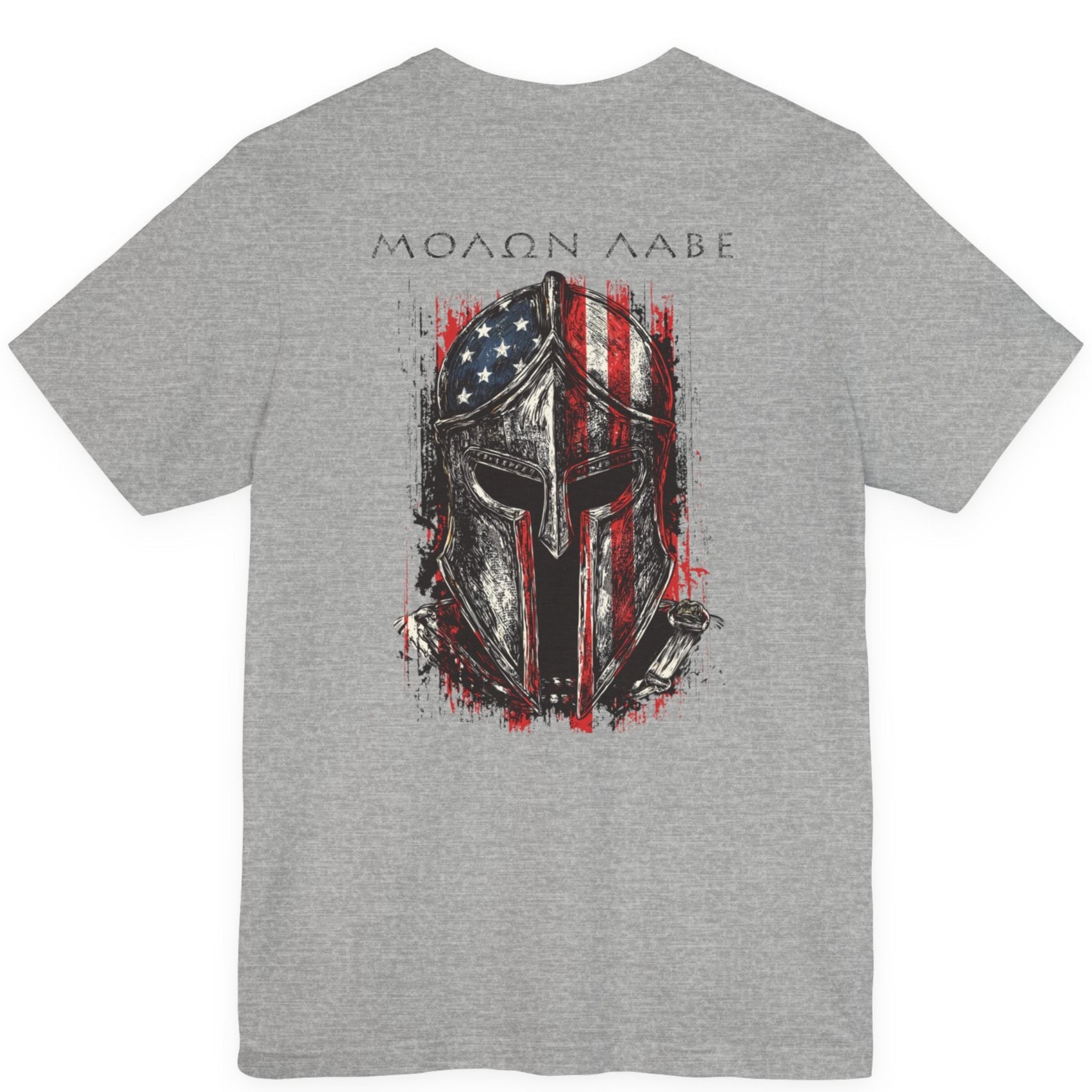 rear view athletic heather color fabric tee with americantees.us logo on front with spartan helmet covered with american flag and motto molon labe patriotic shirt