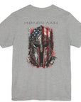 rear view athletic heather color fabric tee with americantees.us logo on front with spartan helmet covered with american flag and motto molon labe patriotic shirt