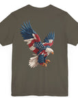 Bald eagle with American flag feathers on "Eagle of Valor" Patriotic Shirts, army green color fabric, American Shirts design. rear view