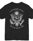 rear view of a black colored fabric patriotic shirt with an americantees.us logo on front and the great seal of the united states on the back