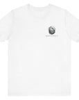 front view white color fabric tee with americantees.us logo on front with spartan helmet covered with american flag and motto molon labe patriotic shirt