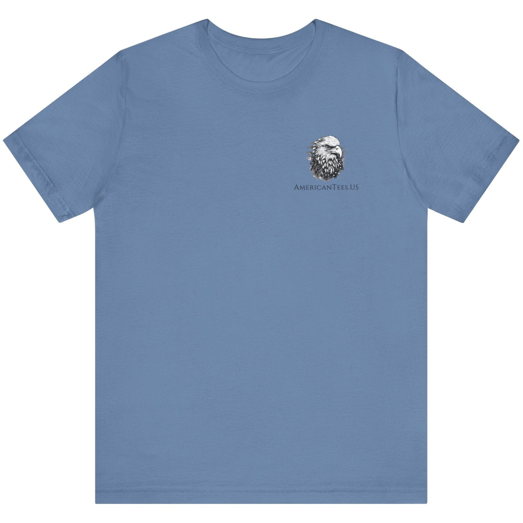 Lavender blue color fabric patriotic shirt front view has an americantees.us logo with eagle head , rear view has distressed American flag with modern sporting rifle with the log Pro Armis Libertas meaning For Arms, Freedom