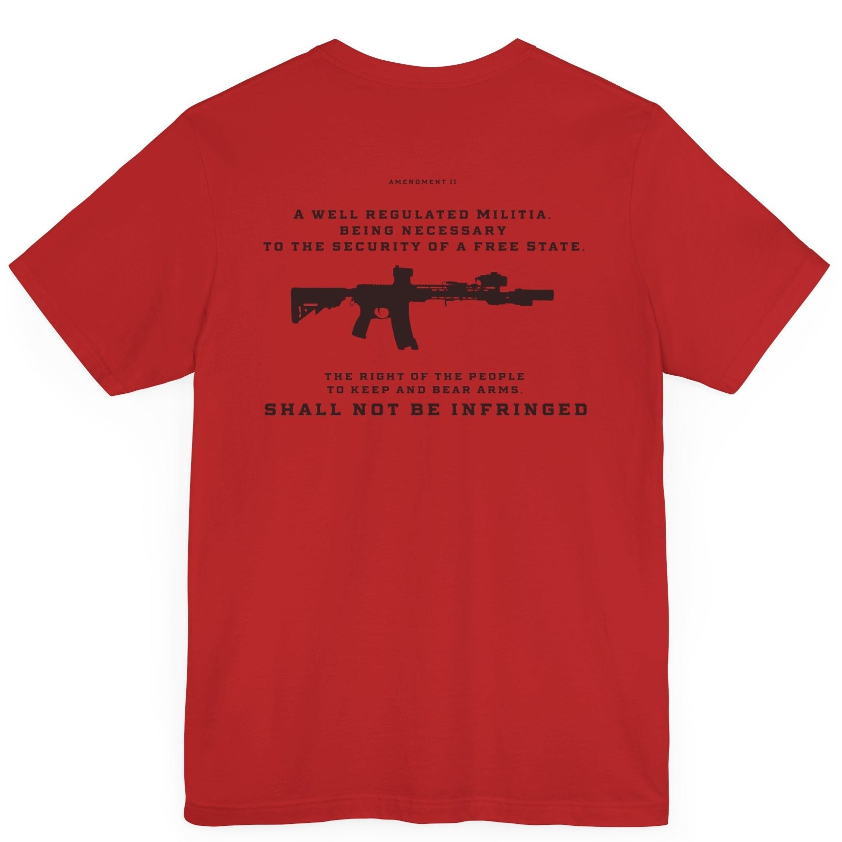 Second Amendment Patriotic Shirt with Rifle and Text Design, bill of rights, red colored shirt, rear view