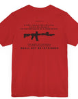 Second Amendment Patriotic Shirt with Rifle and Text Design, bill of rights, red colored shirt, rear view