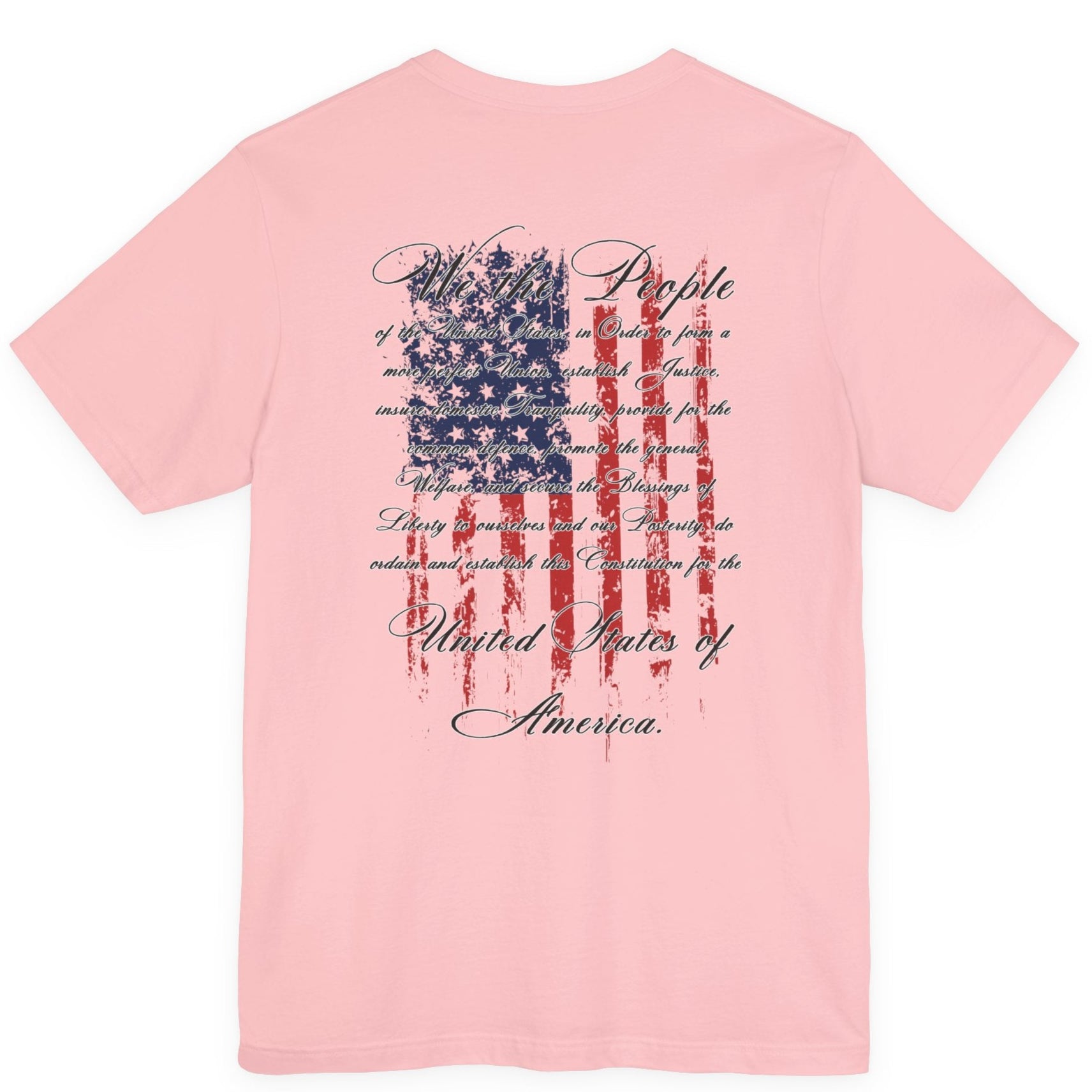 rear view of pink colored fabric patriotic shirt with American flag background and the preamble of the united states constitution on the back pf shirt, front of shirt has americantees.us logo