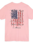rear view of pink colored fabric patriotic shirt with American flag background and the preamble of the united states constitution on the back pf shirt, front of shirt has americantees.us logo