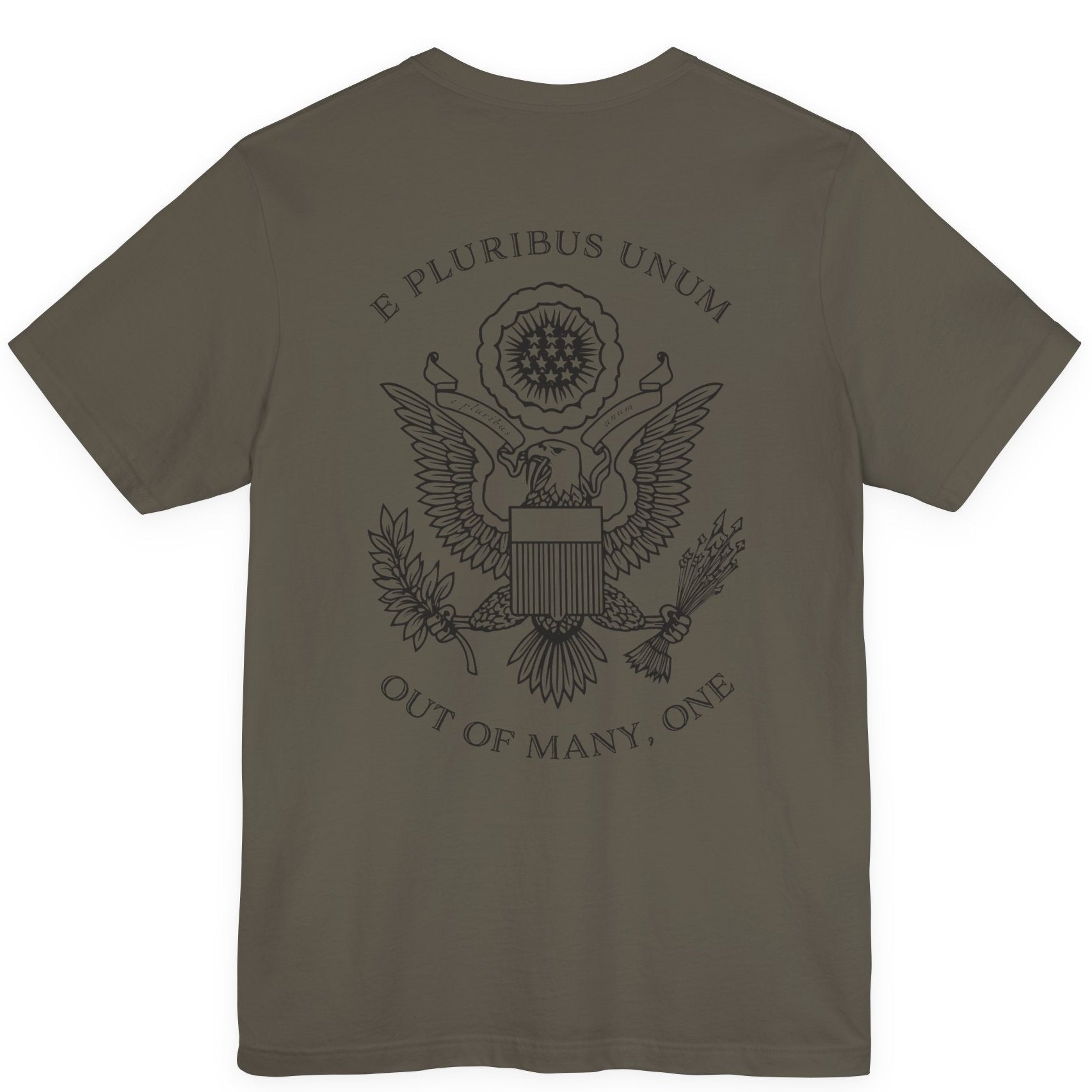 rear view of a army green colored fabric patriotic shirt with an americantees.us logo on front and the great seal of the united states on the back