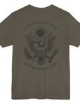 rear view of a army green colored fabric patriotic shirt with an americantees.us logo on front and the great seal of the united states on the back
