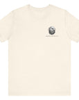 front view of natural colored fabric shirt with americantees.us logo on front and Texas flag with rifle and Keep Texas Free writing on back