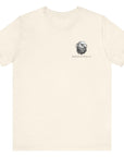 front view of a a natural colored fabric patriotic shirt with americantees.us logo on front and American flag in shape of a Christian cross with pledge of allegiance surrounding image on back