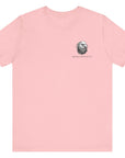 Pink color fabric patriotic shirt front view has an americantees.us logo with eagle head , rear view has distressed American flag with modern sporting rifle with the log Pro Armis Libertas meaning For Arms, Freedom. womens shirt