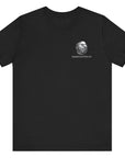 front view of a black colored fabric shirt with americantees.us logo on front and betsy ross flag with the phrase give me liberty or give me death and 1776 on the back