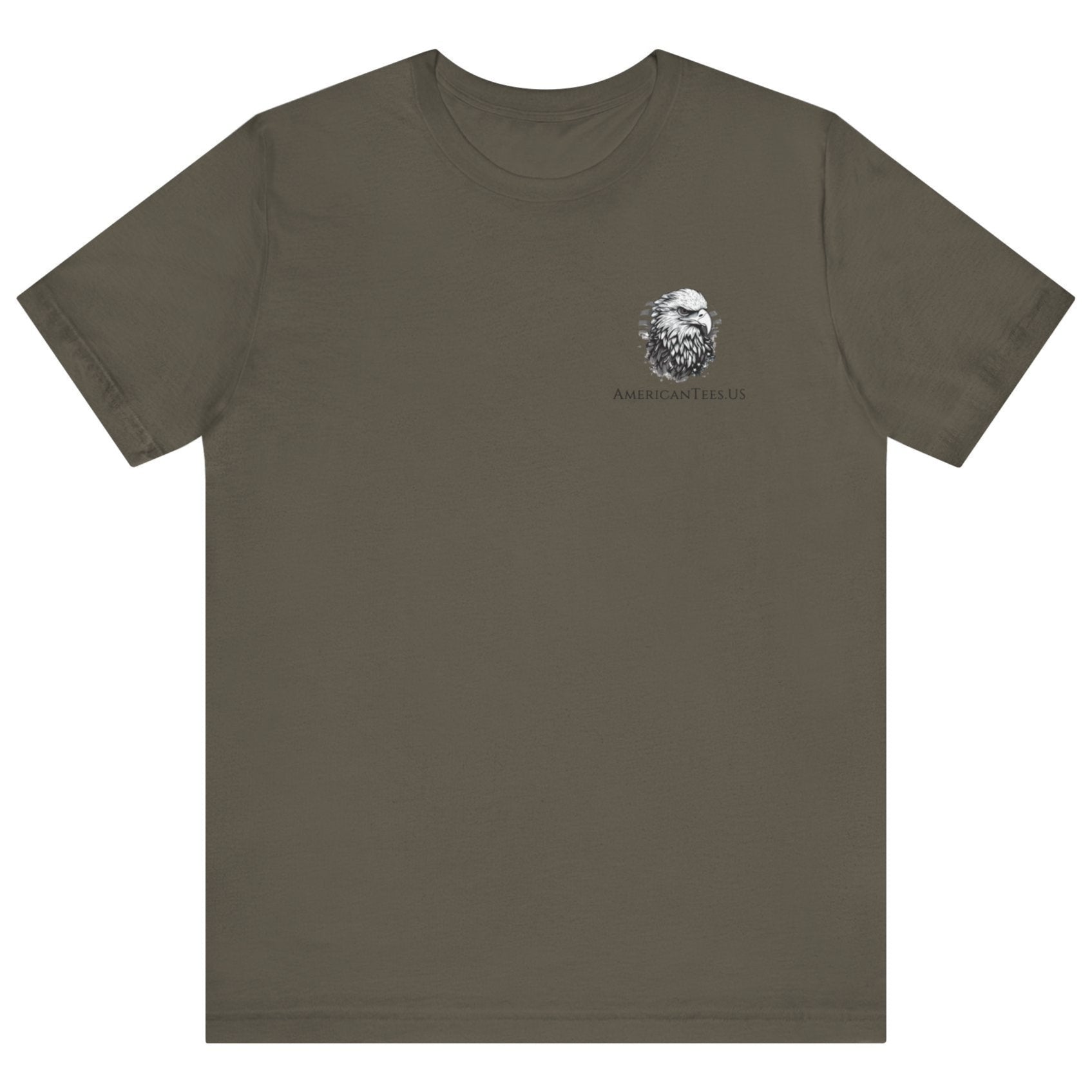 army green colored t-shirt featuring two crossed swords in front of a full-color American flag graphic, with the text "Ius Populi ad Arma" in bold black font above. front view