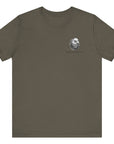 army green colored t-shirt featuring two crossed swords in front of a full-color American flag graphic, with the text "Ius Populi ad Arma" in bold black font above. front view