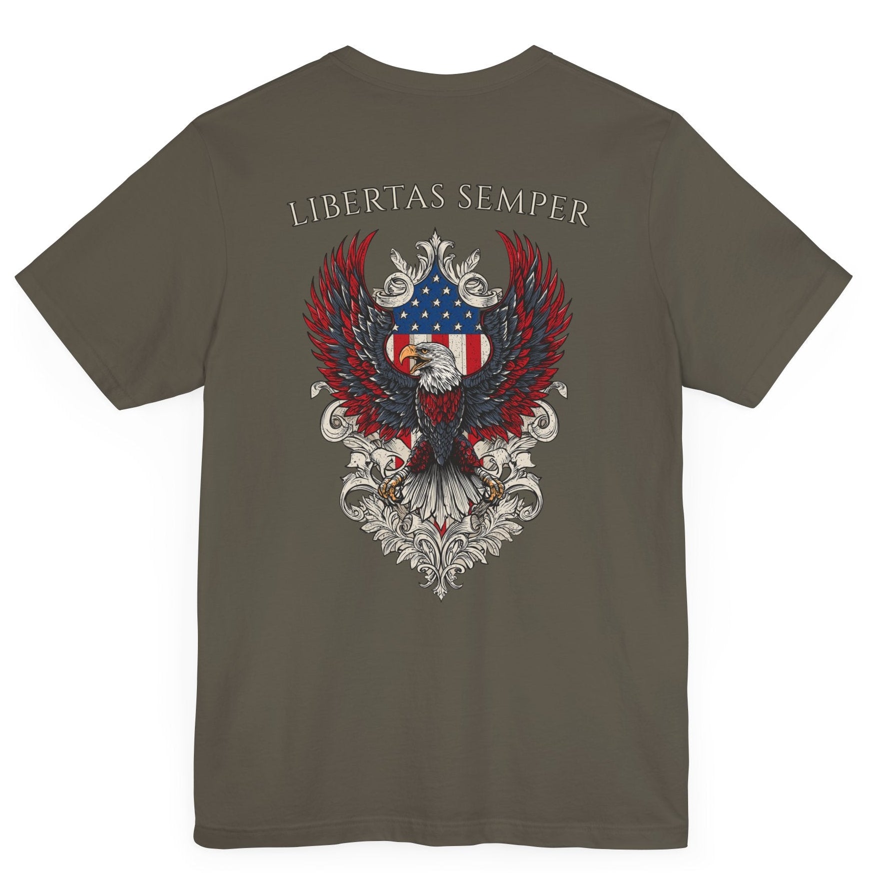 Patriotic Shirts Libertas Semper Eagle Flag Tee flat lay, army color back view featuring an eagle and American flag with scrollwork on a unisex 100% cotton shirt, ideal for American pride