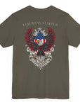 Patriotic Shirts Libertas Semper Eagle Flag Tee flat lay, army color back view featuring an eagle and American flag with scrollwork on a unisex 100% cotton shirt, ideal for American pride