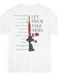 rear view of white color fabric patriotic shirt with americantees.us logo on front and Thomas Jefferson quote on back.