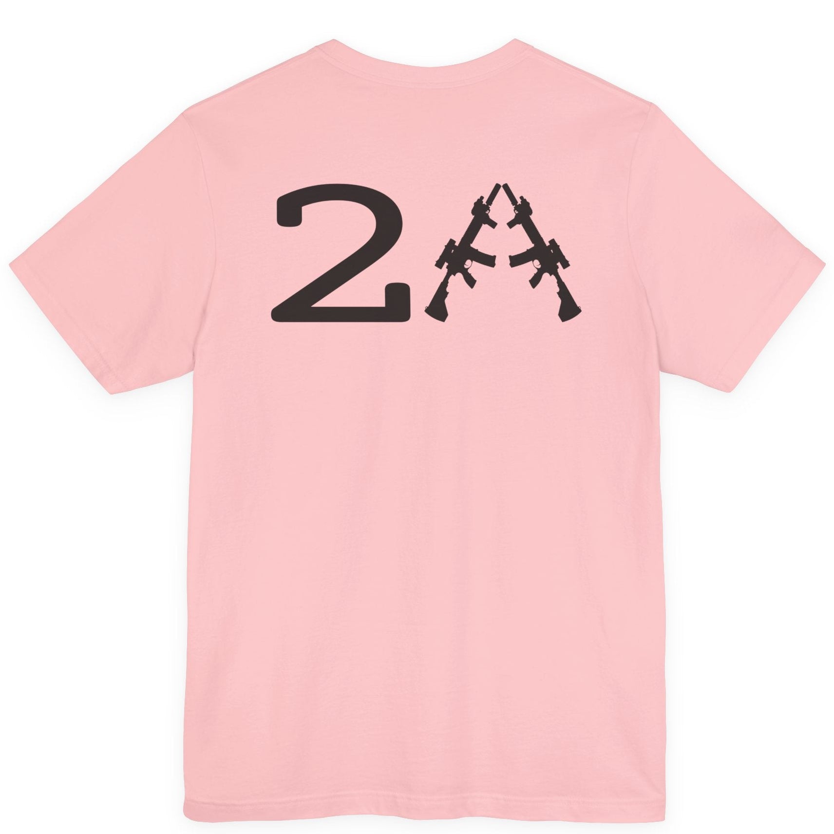 rear view of a patriotic a pink colored fabric shirt with americantees.us logo on front and 2A on the back with stacked rifles forming the A