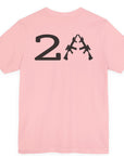 rear view of a patriotic a pink colored fabric shirt with americantees.us logo on front and 2A on the back with stacked rifles forming the A