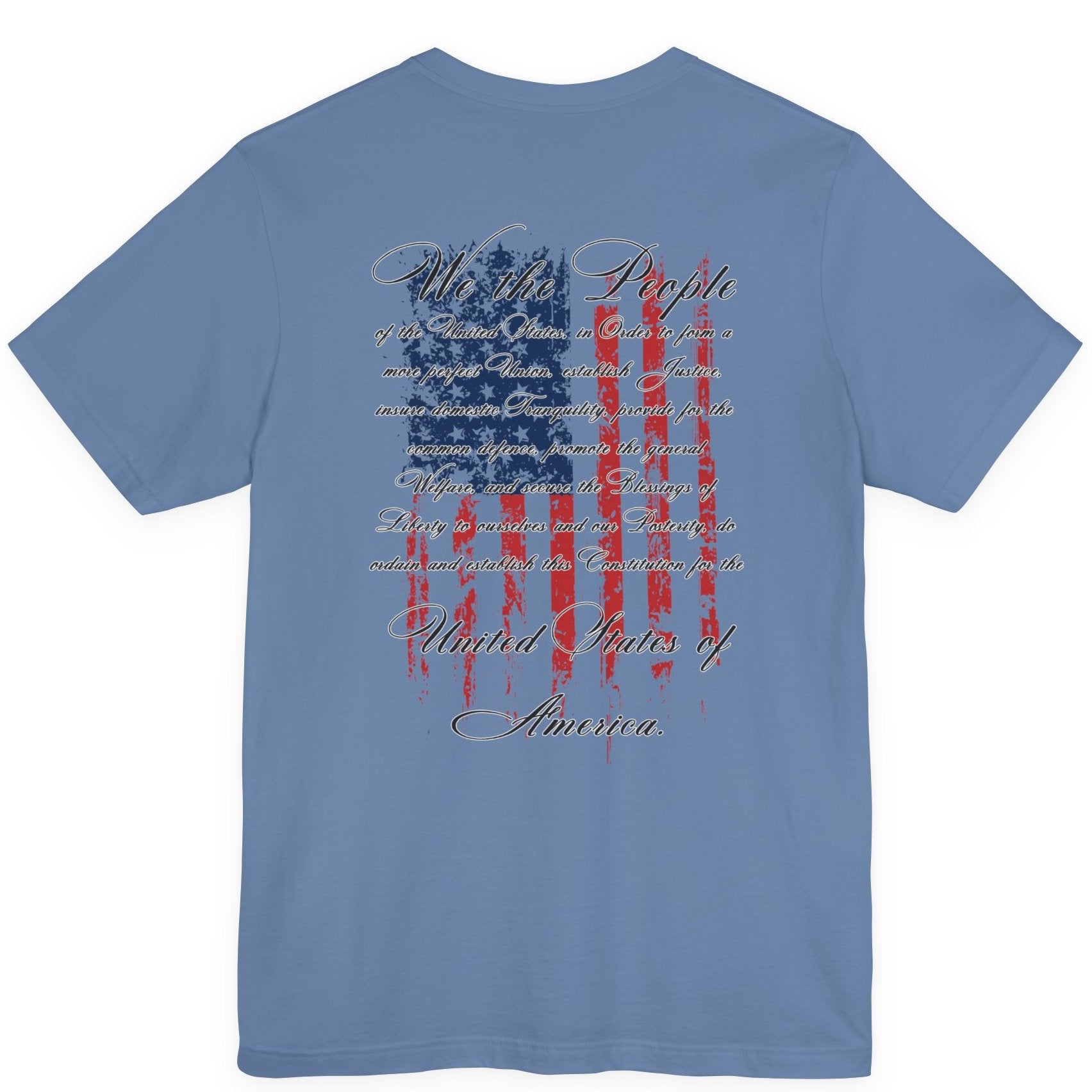 rear view of lavender blue colored fabric patriotic shirt with American flag background and the preamble of the united states constitution on the back pf shirt, front of shirt has americantees.us logo
