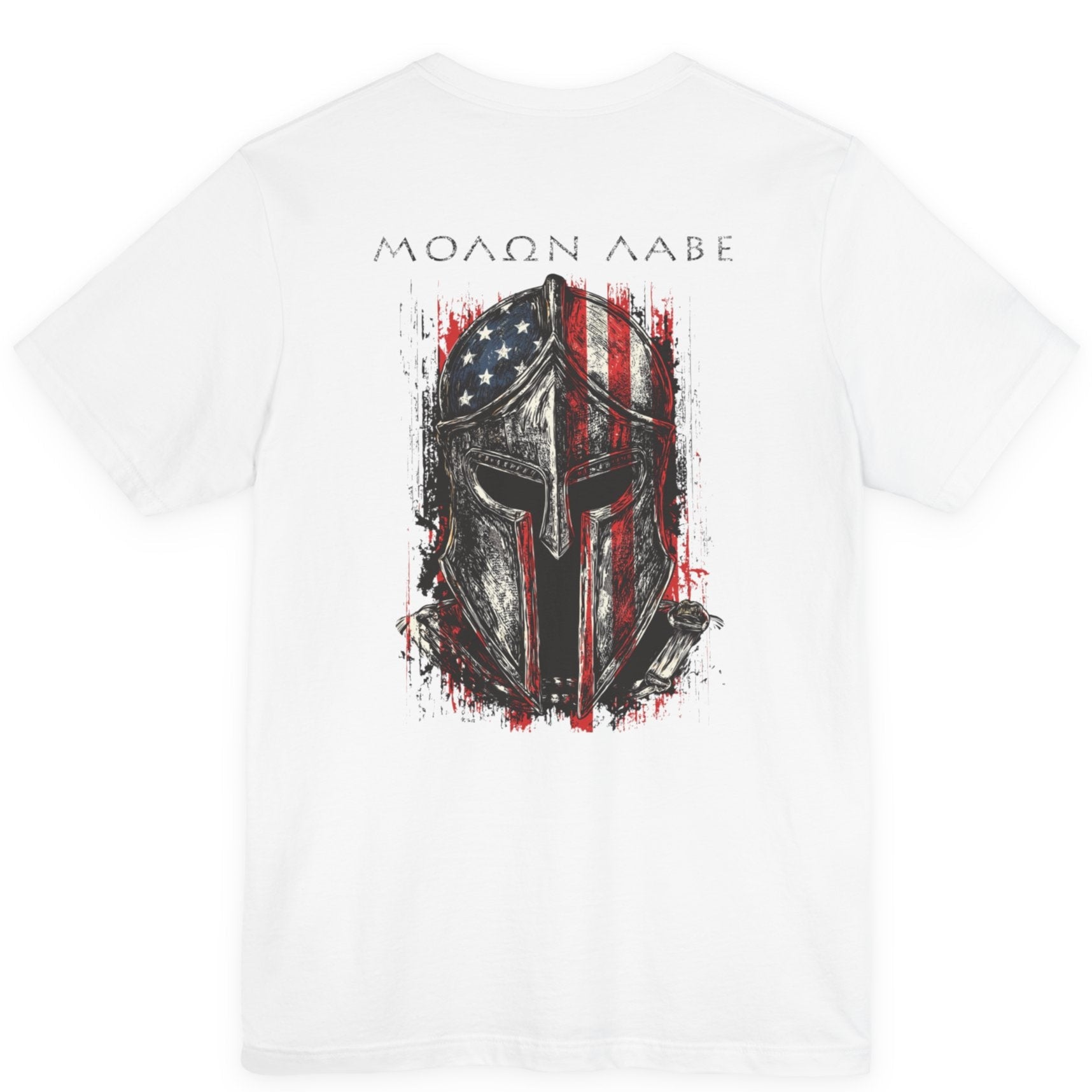 rear view white color fabric tee with americantees.us logo on front with spartan helmet covered with american flag and motto molon labe patriotic shirt