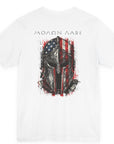 rear view white color fabric tee with americantees.us logo on front with spartan helmet covered with american flag and motto molon labe patriotic shirt