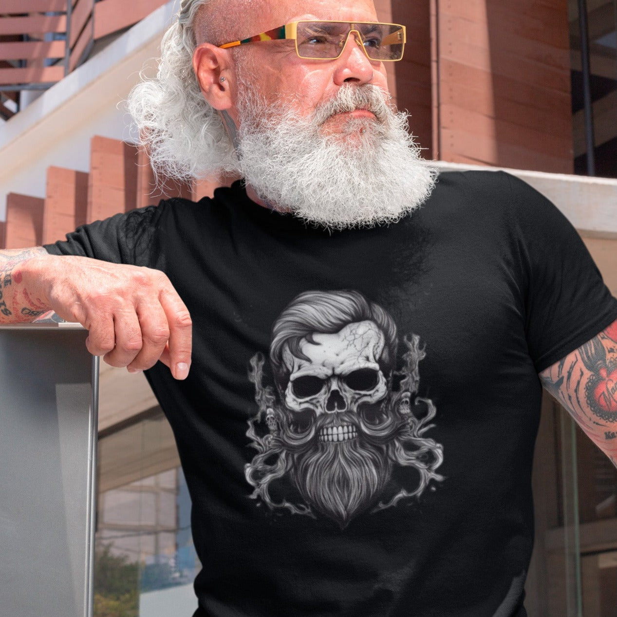 Forever-bearded-skull-with-moustache-and-beard-t-shirt-mockup-of-a-trendy-middle-aged-man-with-sunglasses