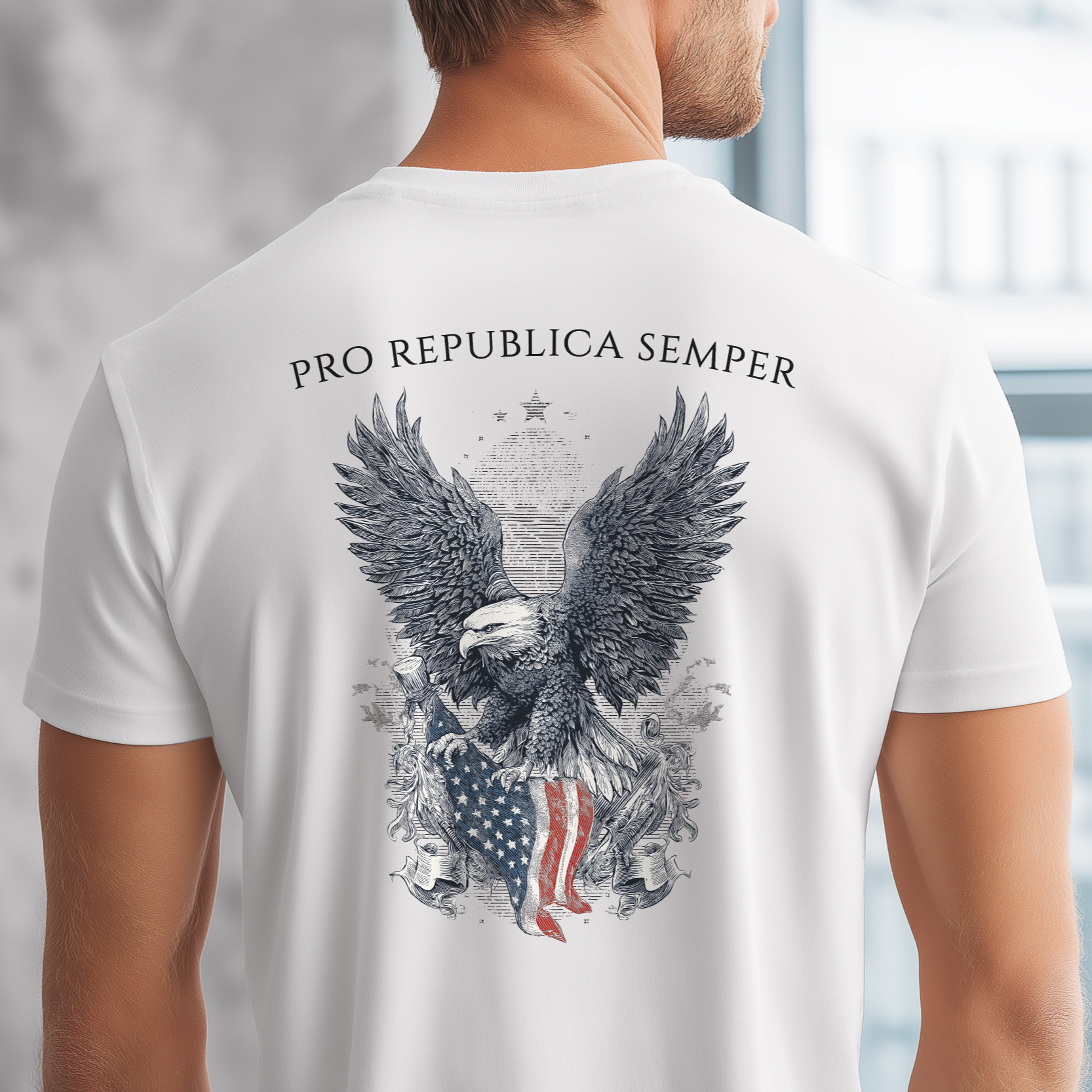 Patriotic Shirts man wearing a Pro Libertas Semper Flag Eagle Tee, white color, back side, featuring a bold eagle clutching an American flag with scrollwork on a unisex 100% cotton shirt, ideal for American pride