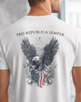 Patriotic Shirts man wearing a Pro Libertas Semper Flag Eagle Tee, white color, back side, featuring a bold eagle clutching an American flag with scrollwork on a unisex 100% cotton shirt, ideal for American pride