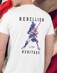 man wearing a patriotic shirt rearview white color fabric logo on front graphic on back with minuteman soldier and phrase rebellion is our heritage, American t-shirt