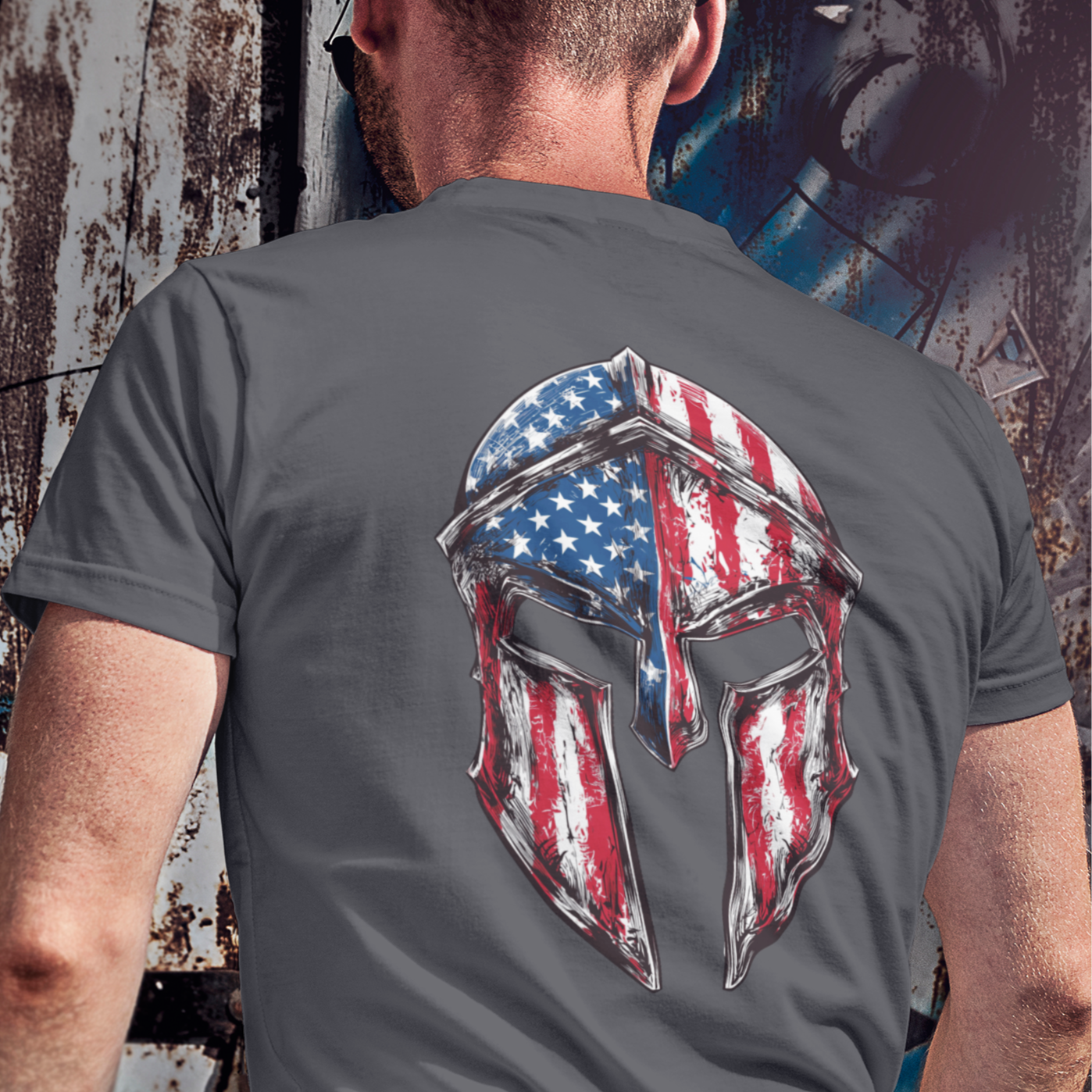 back-view-mockup-of-a-man-wearing-a-t-shirt-on-a-sunny-day-patriotic shirt, Spartan Spirit Patriotic T-Shirt with American Flag Design, asphalt color shirt, back side