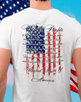 rear view of a man wearing white colored fabric patriotic shirt in front of flag with American flag background and the preamble of the united states constitution on the back pf shirt, front of shirt has americantees.us logo