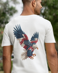 back-view-t-shirt-mockup-of-a-man-standing-at-a-cricket-field - Bald eagle with American flag feathers on "Eagle of Valor" Patriotic Shirts, white color fabric, American Shirts design. rear view