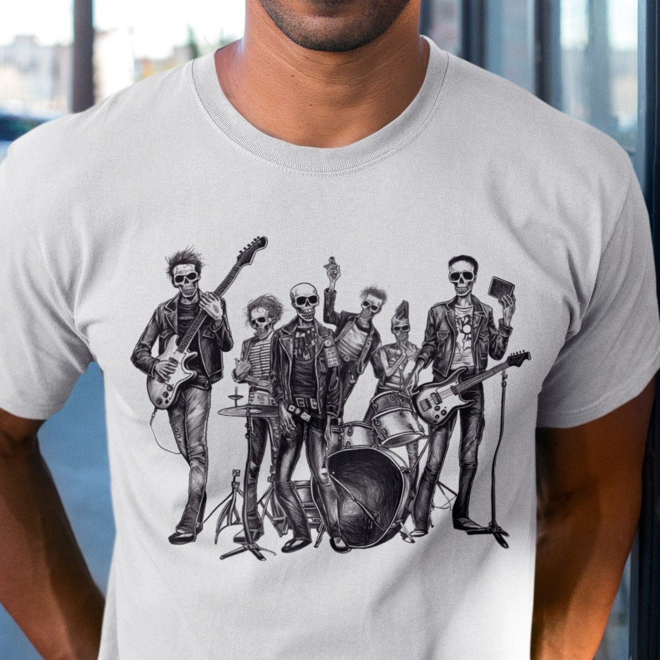 bone-jam-punk-rock-skeleton-band-white-t-shirt--mockup-of-a-man-with-a-hat
