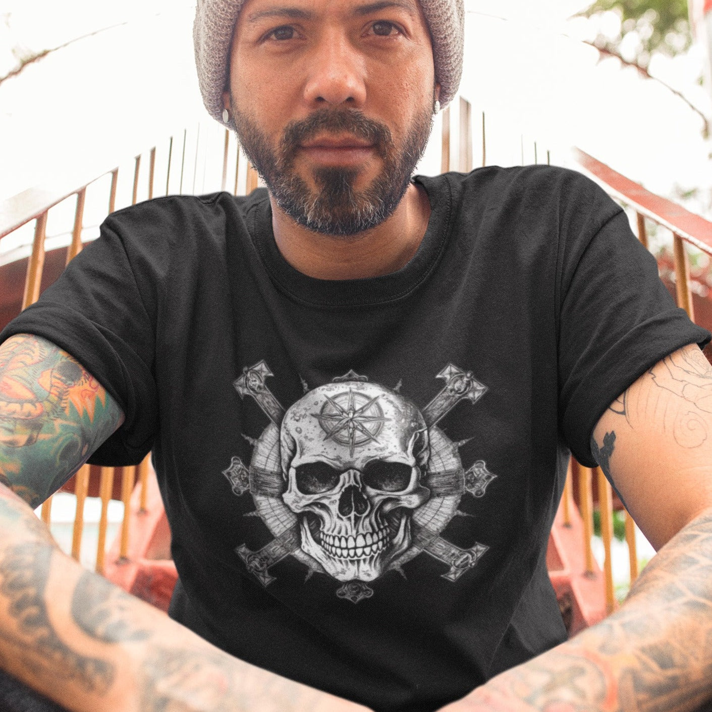 crossbones-skull-and-bones-punk-black-t-shirt-mockup-of-a-man-wearing-a-round-neck-tee-while-looking-to-the-camera