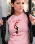 good-girl-bad-habits-bella-canvas-pink-t-shirt-mockup-of-a-woman-showing-off-the-t-shirt-under-her-bomber-jacket