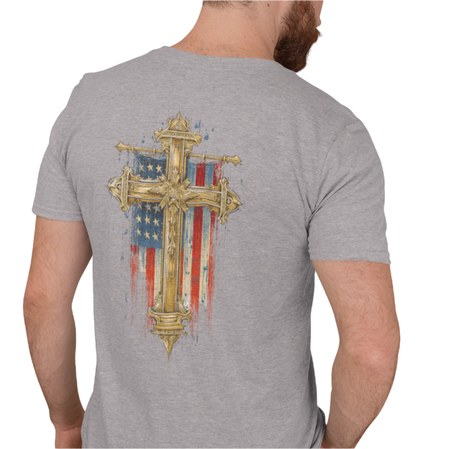 Man wearing a gray t-shirt with a cross and American flag design on the back.