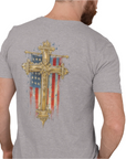 Man wearing a gray t-shirt with a cross and American flag design on the back.
