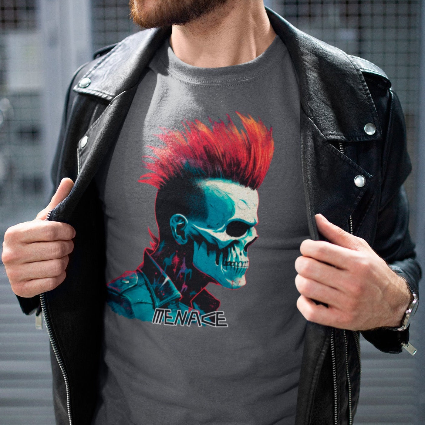 menace-punk-black-t-shirt-mockup-of-a-man-wearing-a-leather-jacket-on-the-street