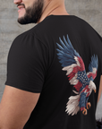 mockup-of-a-bearded-man-wearing-a-shirt-with-a- eagle with American flag feathers on "Eagle of Valor" Patriotic Shirts, black color fabric, American Shirts design. rear view